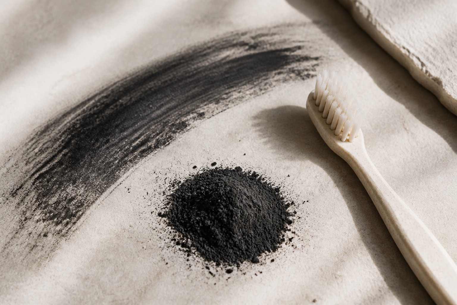 Fine activated charcoal powder and a dramatic smear across pale stone, a bone-white toothbrush beside it